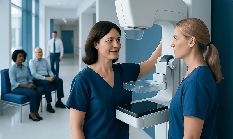 Medical professional performing a mammogram on a patient in a modern clinic.