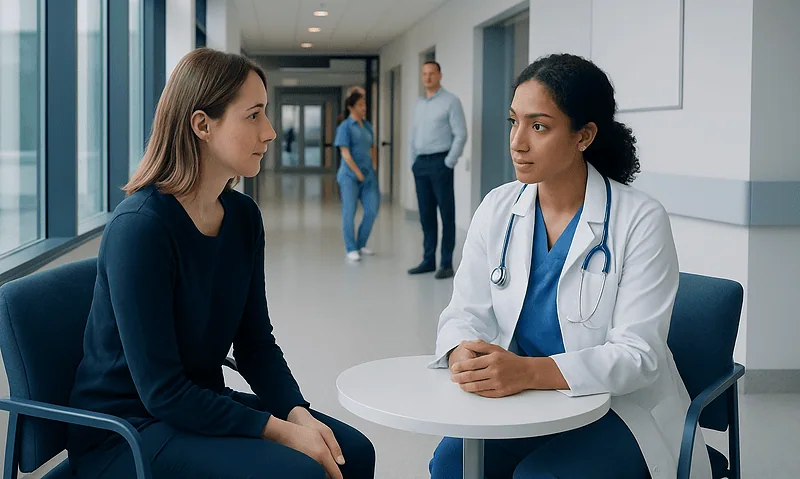Doctor consulting with a patient in a hospital corridor.