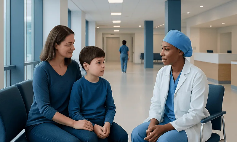 Preparing Your Child for Surgery: Procedure, Recovery and Results 2 Child and mother consulting with a healthcare professional in a hospital.
