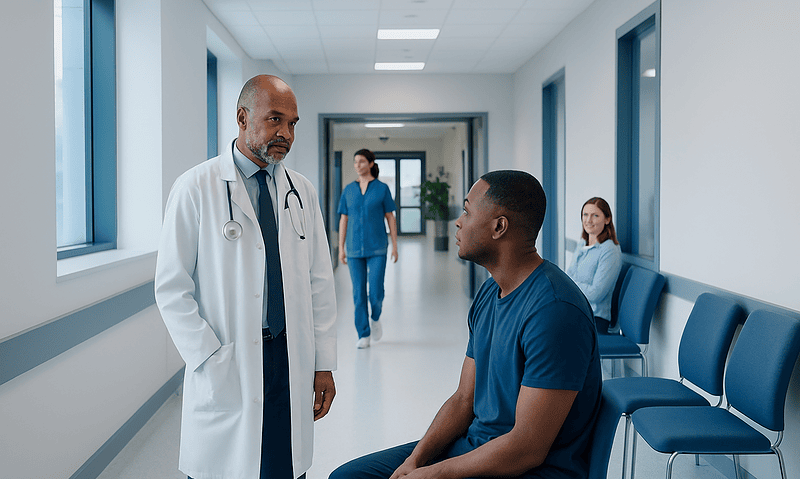 Doctor consulting a patient in a hospital corridor at Acibadem Hospitals Group.