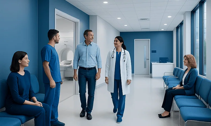 Medical staff and patients in a modern hospital corridor with blue walls.