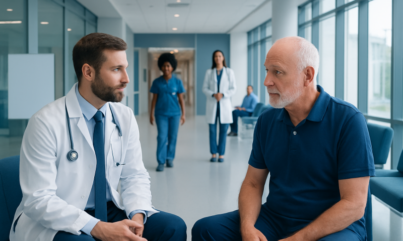 Prostate Cancer Surgery vs Radiation: Differences Explained 6 Doctor consulting with an elderly patient in a hospital corridor.
