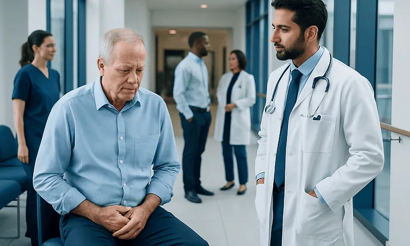 Prostate Issues Symptoms Causes Treatment Options: How It Works, Results and What to Expect 8 Doctor consulting elderly male patient in hospital corridor.