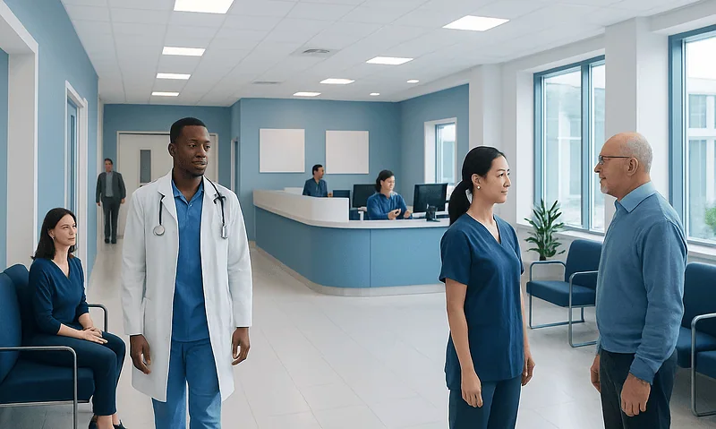 Medical staff and patients in a modern hospital waiting area.