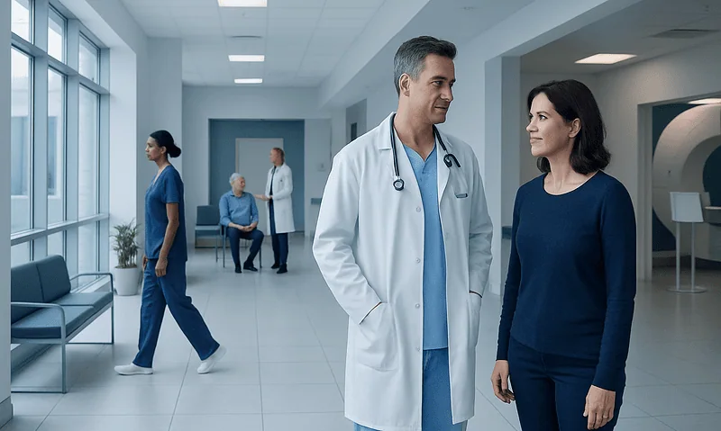 Medical team discussing patient care in a modern hospital corridor.