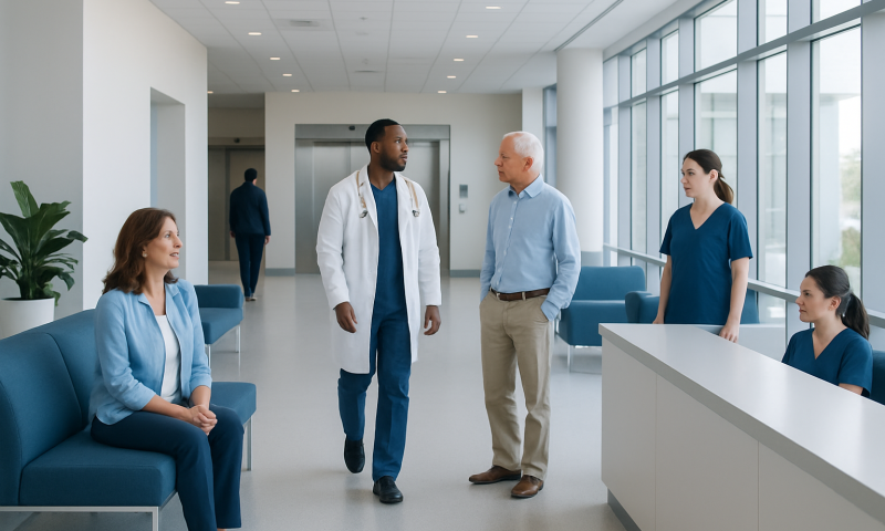 Medical team consulting in modern hospital lobby with patients and staff.