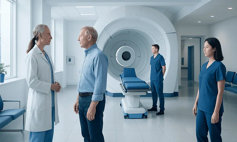 Medical professionals and patient in MRI scan room at Acibadem Hospital.