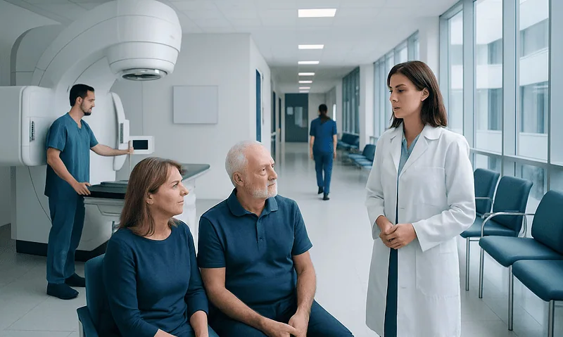 Doctor consulting with elderly patients in hospital corridor.