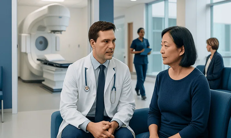 Doctor consulting patient in a modern hospital setting with radiation equipment in background.