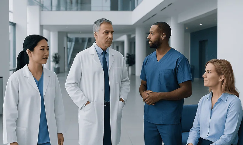 Medical team discussing patient care in hospital corridor.