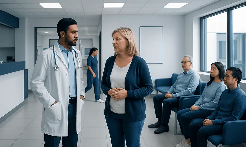 Doctor discussing with a patient in a hospital corridor with waiting patients.