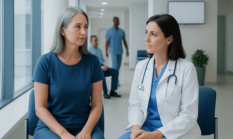 Doctor consulting with a female patient in a hospital corridor.