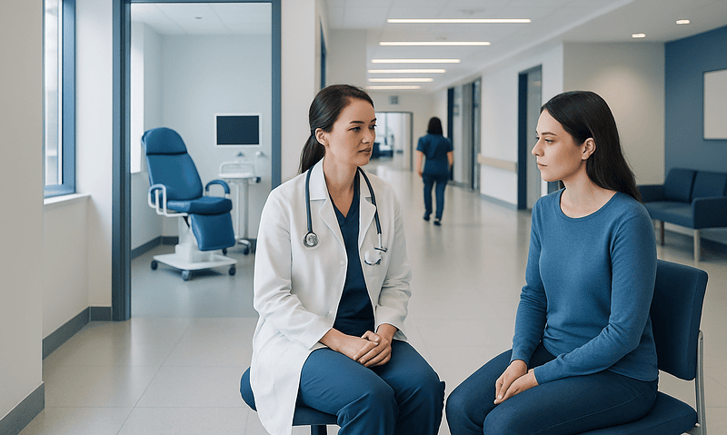 Doctor consulting patient in a modern hospital corridor.
