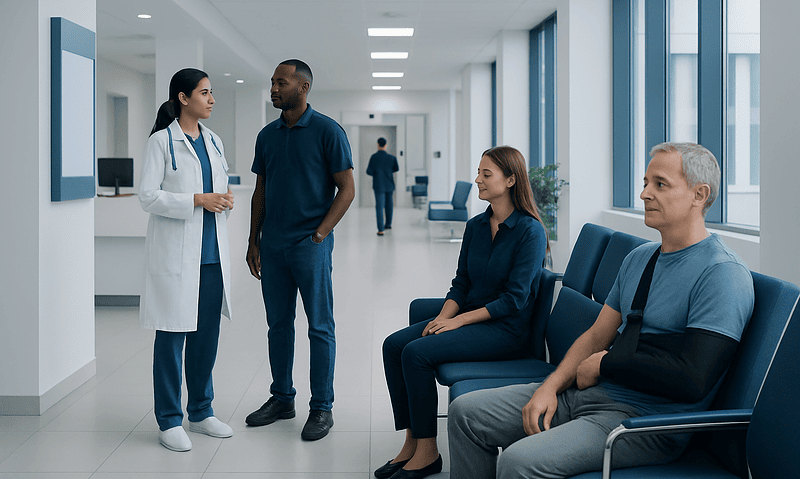 Medical consultation at Acibadem Hospital with diverse patients and doctor.