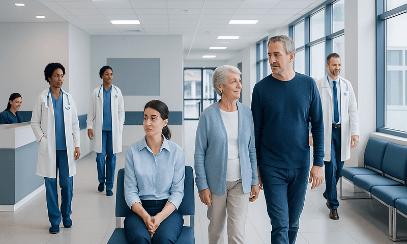 Patients and healthcare professionals in a modern hospital corridor.