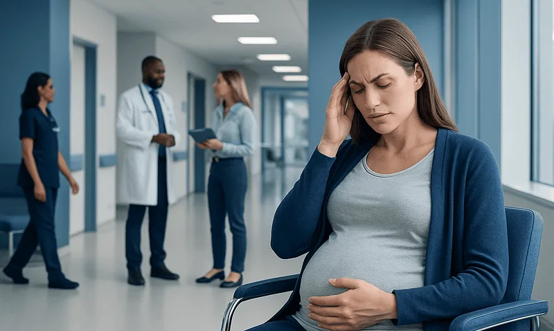 Pregnant woman experiencing headache in hospital corridor.