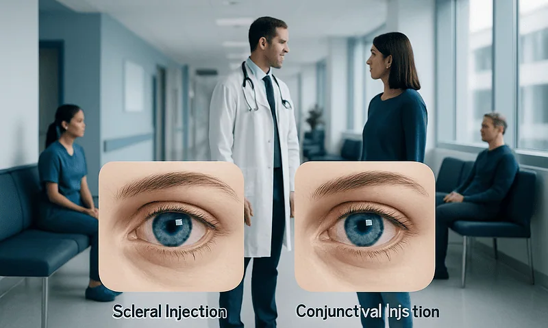 Doctor explaining eye injection types to a patient in a clinic.