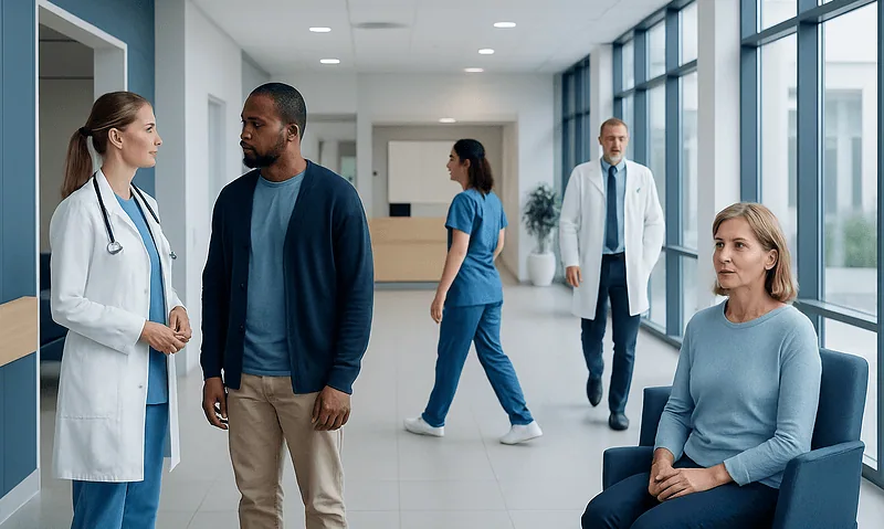 Hospital corridor with medical staff and patient in waiting area.