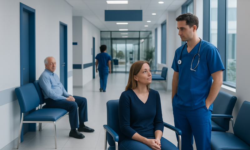Doctor consulting female patient in hospital corridor with waiting patients.
