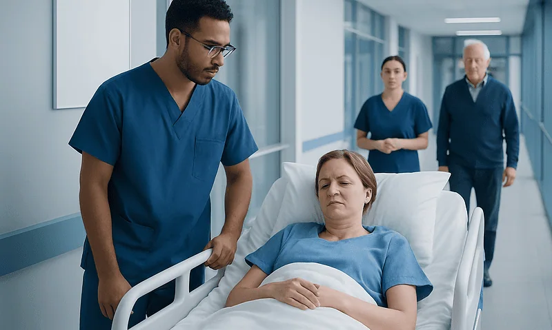 Medical team caring for a patient after surgery in hospital.