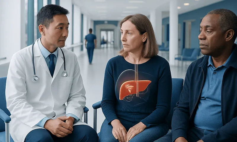 Doctor explaining liver health to patient in hospital corridor.