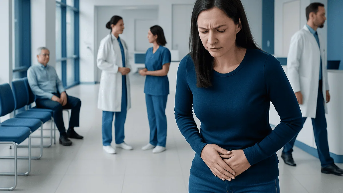 Woman experiencing abdominal pain in a hospital waiting area.