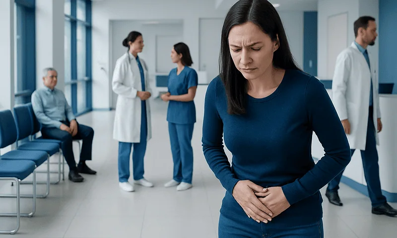 Woman experiencing abdominal pain in a hospital waiting area.