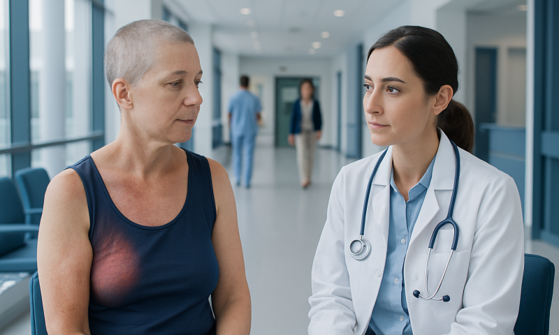 Doctor consulting a patient in a hospital corridor.