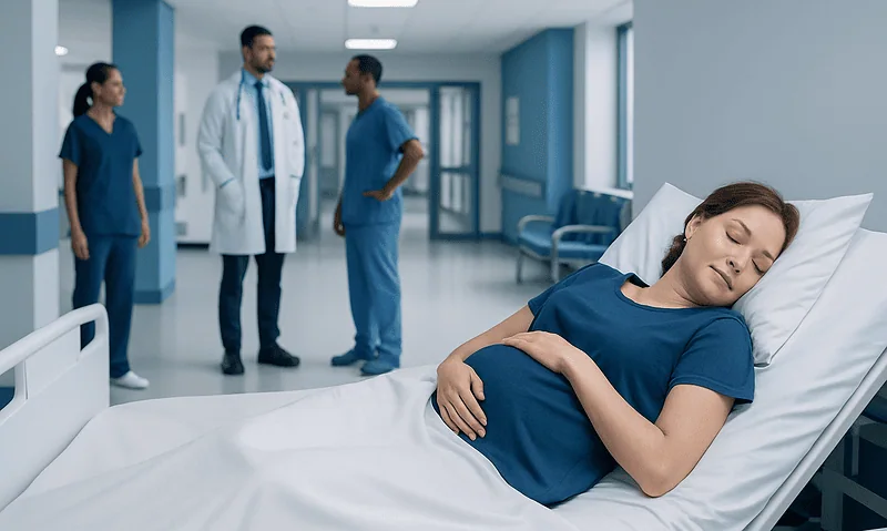 Pregnant woman resting in hospital bed with medical staff nearby.