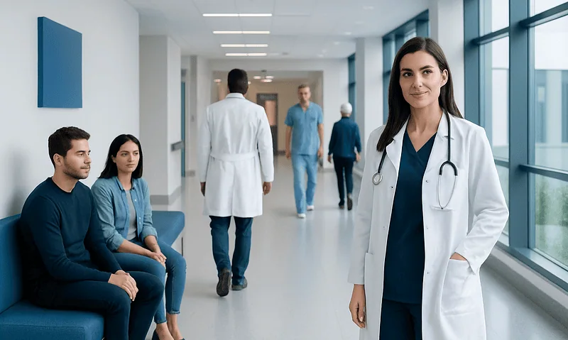 Healthcare professionals and patients in a modern hospital corridor.