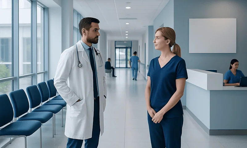 Doctor and nurse having a discussion in hospital corridor.
