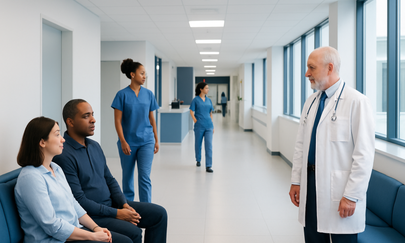Medical team discussing patient care in hospital corridor with staff and doctor.