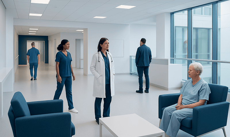 Medical team consulting with patient in hospital corridor.