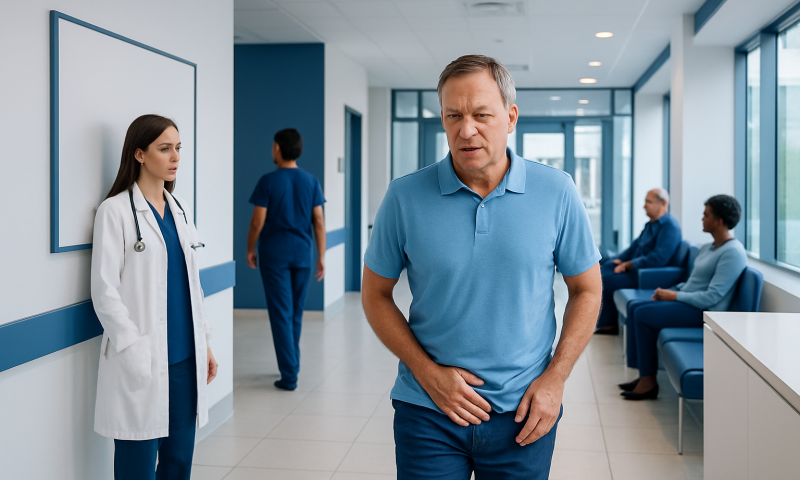 Man experiencing discomfort in a hospital corridor with medical staff nearby.
