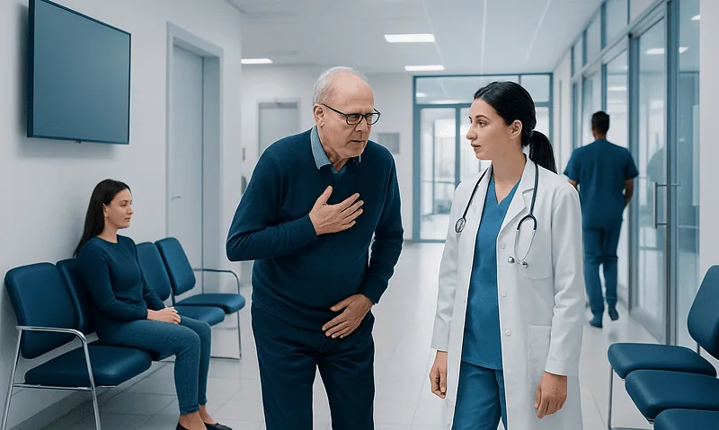 Doctor consulting with an elderly patient in a hospital corridor.