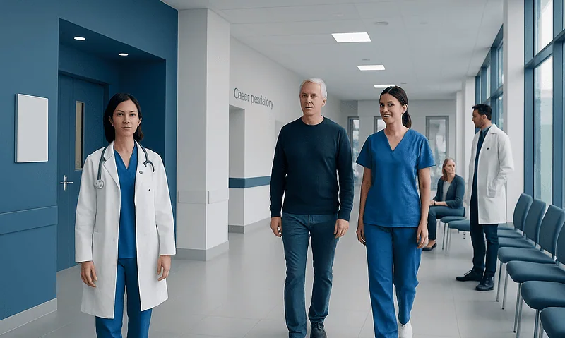 Hospital corridor with medical staff and patients at Acibadem Hospitals Group.