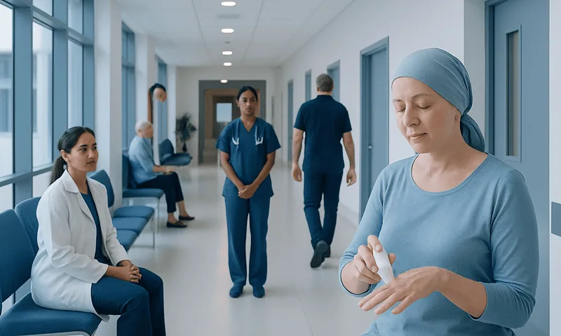 Patient with chemotherapy cap in hospital corridor with medical staff.