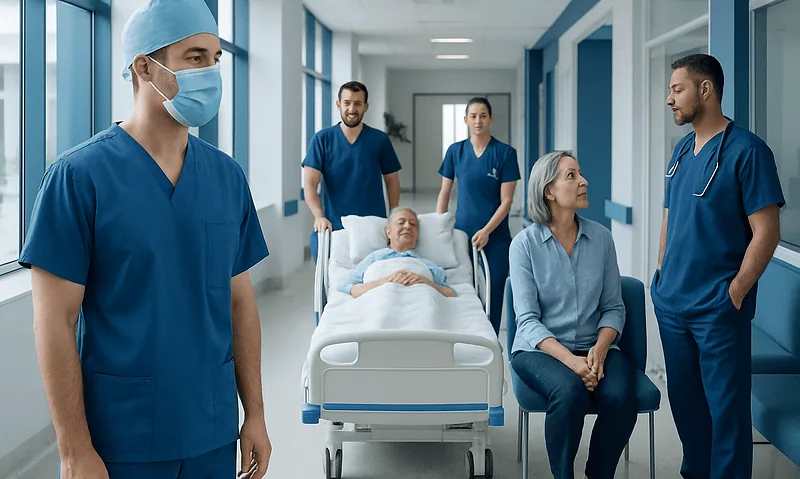 Medical team and patient in hospital corridor, healthcare professionals in scrubs and masks.