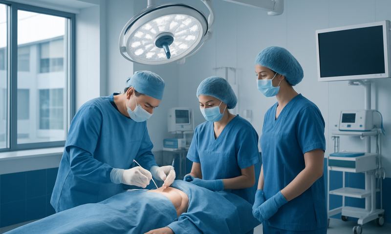 Surgeons performing a surgical procedure in an operating room.