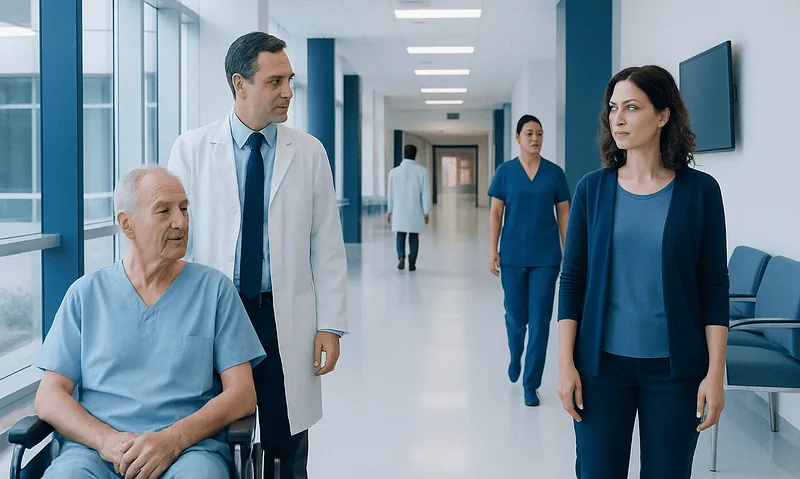 Medical team consulting patient in hospital corridor.