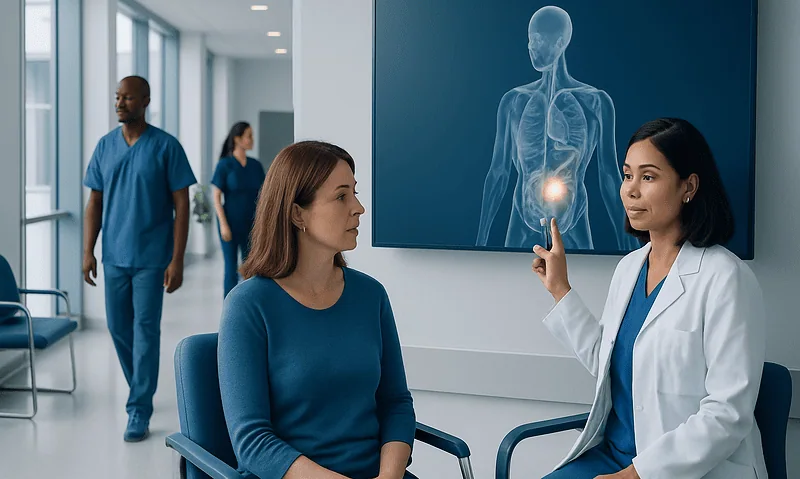 Doctor explains targeted radiopharmaceuticals to patient in hospital.