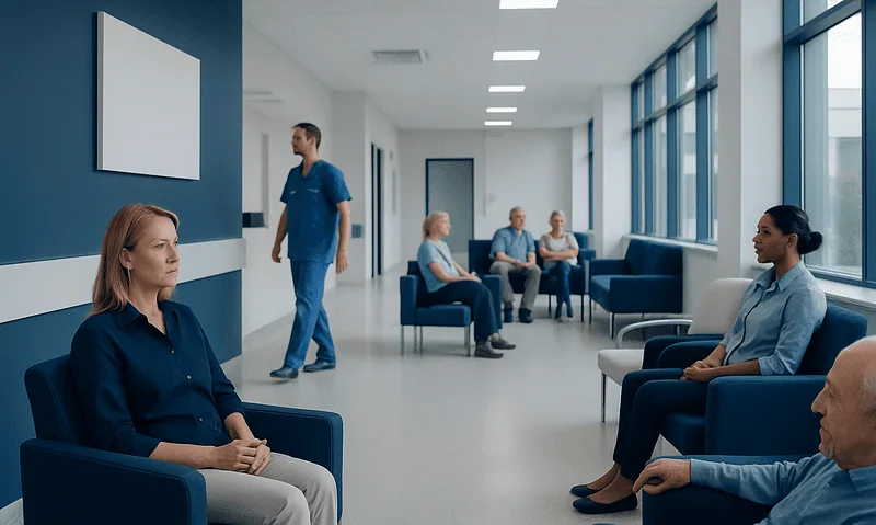 Hospital waiting area with patients and staff in a modern medical facility.