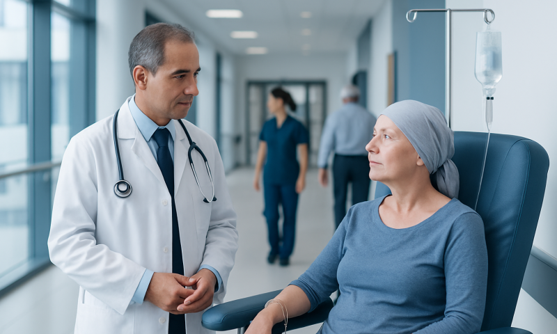Doctor consulting a patient undergoing cancer treatment in hospital.
