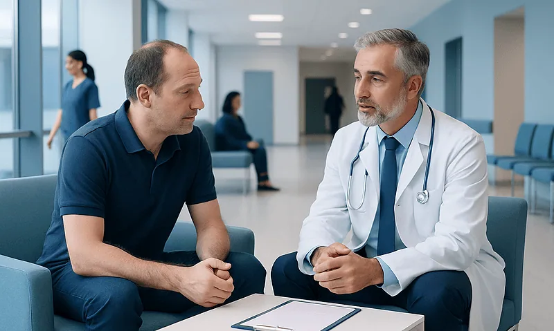 Doctor consulting with male patient in hospital corridor.