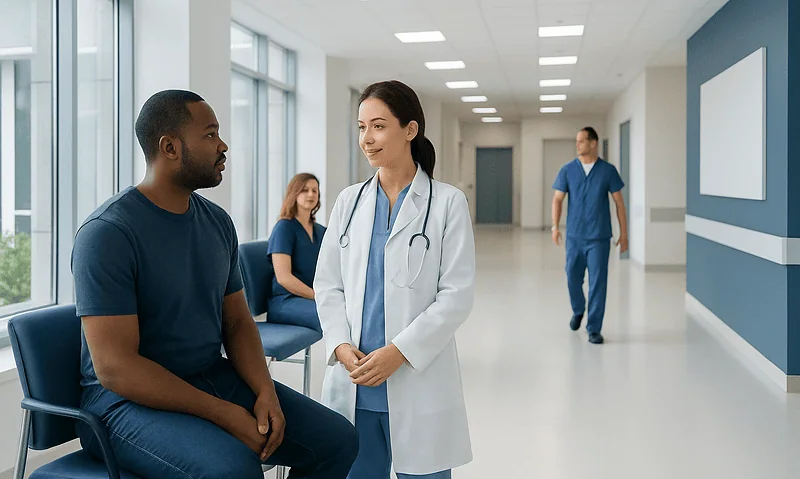 Doctor consulting patient in hospital corridor for adult Hep B vaccination.