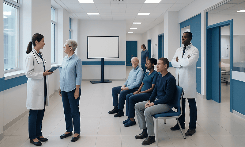 Medical consultation with diverse healthcare professionals and patients in a modern hospital.