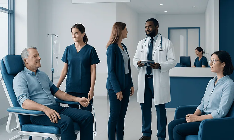 Medical consultation with doctors and patients in a hospital setting.
