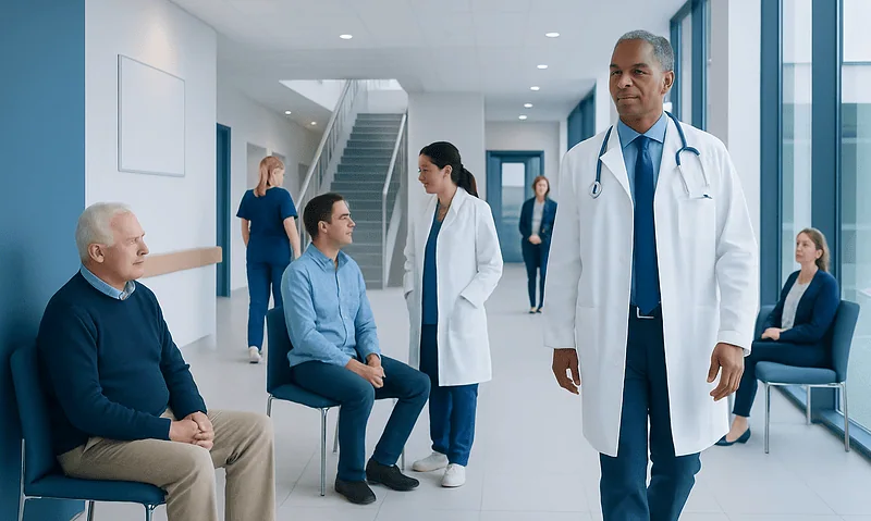 History of Heart Surgery: Procedure, Recovery and Results 6 Medical team consulting with patients in a modern hospital corridor.