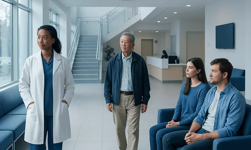 Medical consultation in a modern hospital lobby with doctor and patients.