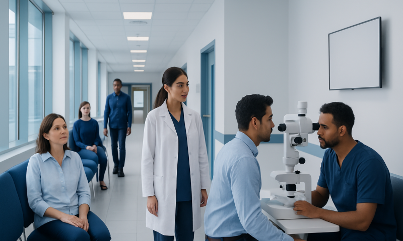 Medical professionals conducting eye examination at Acibadem Hospital.